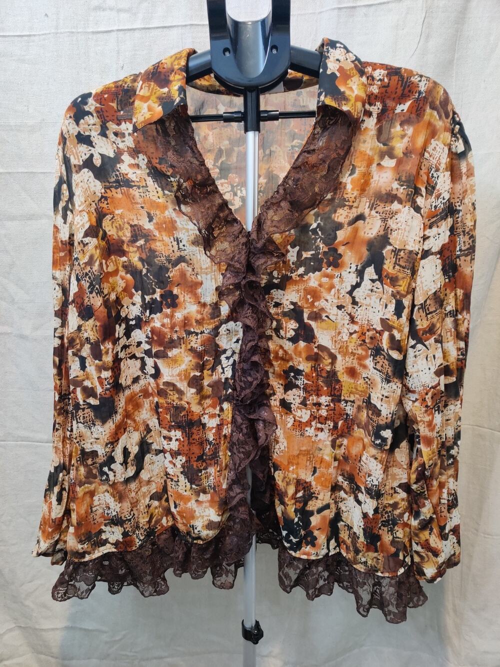 Vintage Fashion Bug Blouse Women's Plus Size 18-20W Floral Lace Button Up